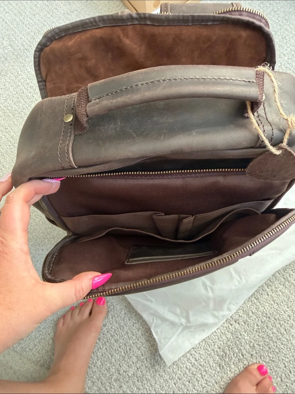 Men's Brown Leather Laptop Backpack with Front Zip Pocket